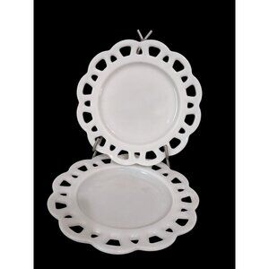 Hazel Atlas Lace Edge Milk Glass Salad Plates White 8.5" Elegant Set Of 2 Pre-Ow